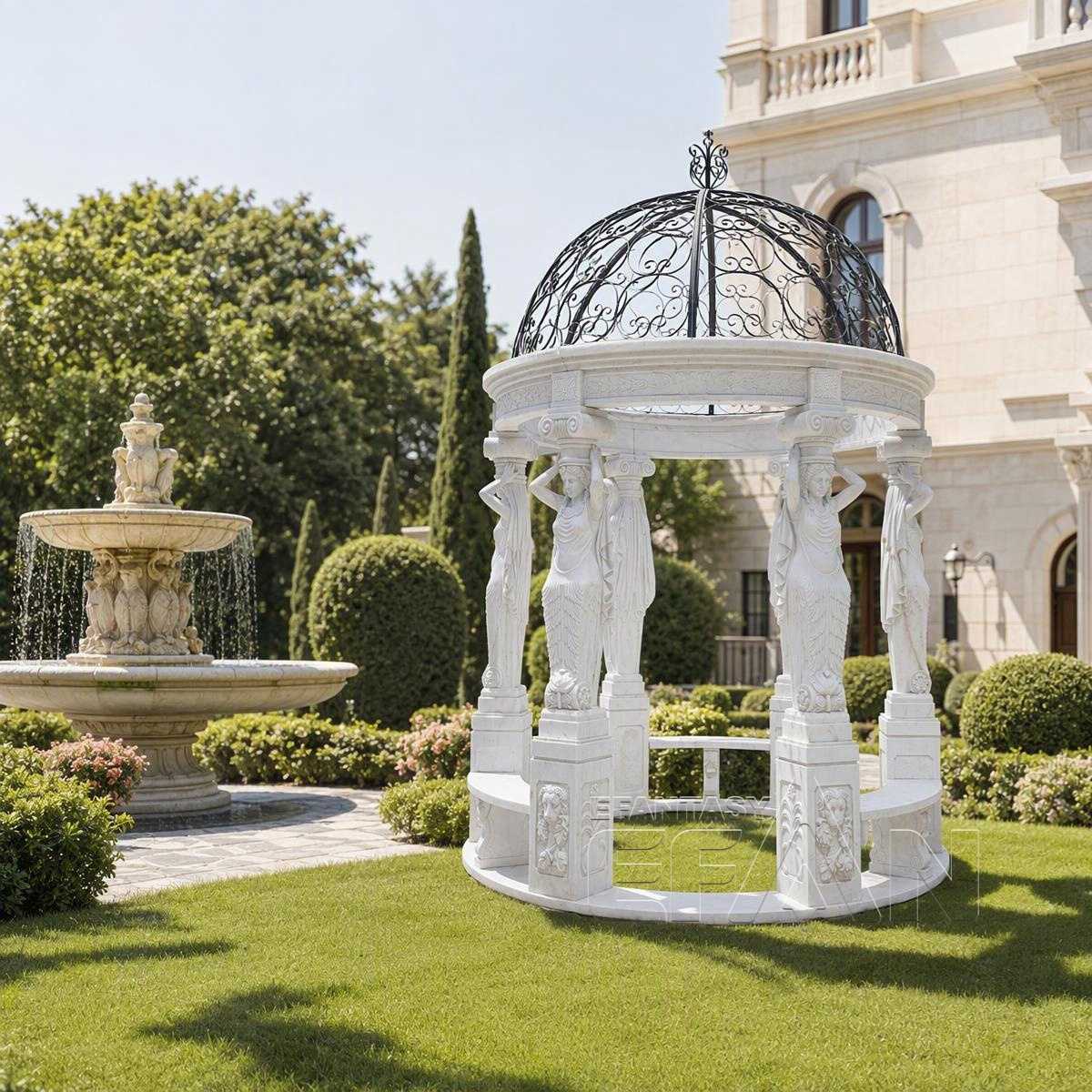 White Marble Caryatid Gazebo with Dark Iron Dome & Lion Medallion Base