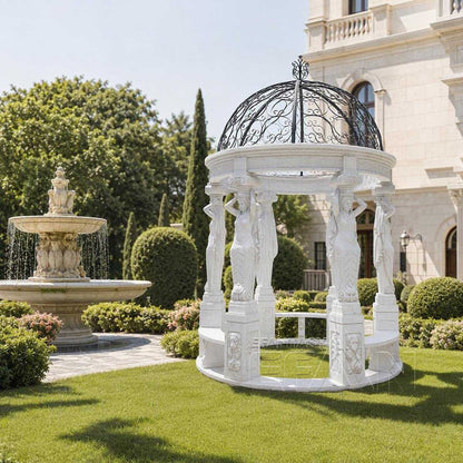 White Marble Caryatid Gazebo with Dark Iron Dome & Lion Medallion Base