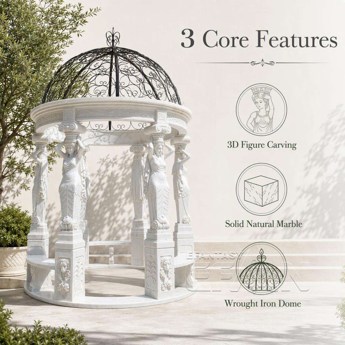 White Marble Caryatid Gazebo with Dark Iron Dome & Lion Medallion Base