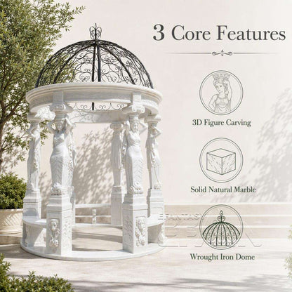 White Marble Caryatid Gazebo with Dark Iron Dome & Lion Medallion Base