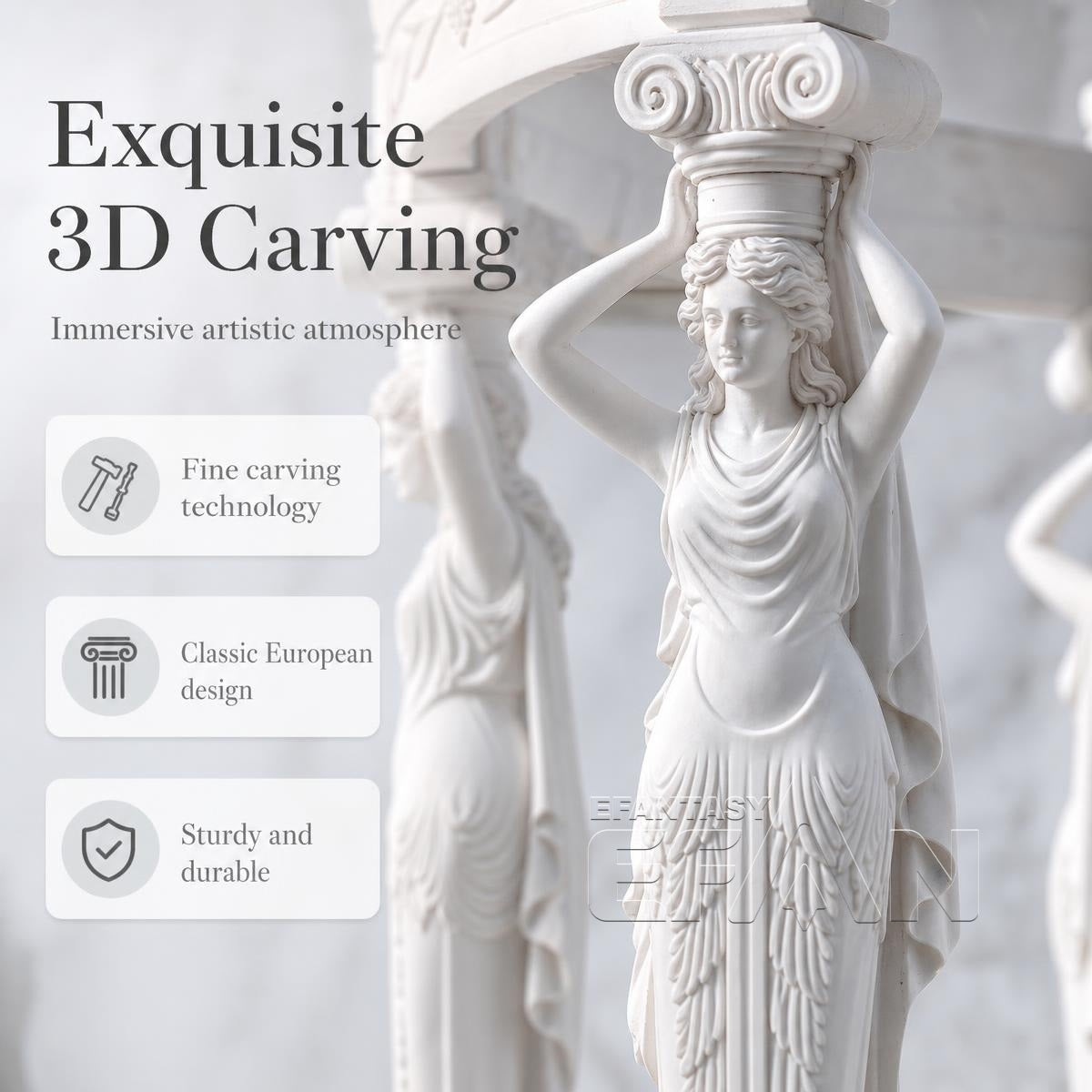 White Marble Caryatid Gazebo with Dark Iron Dome & Lion Medallion Base
