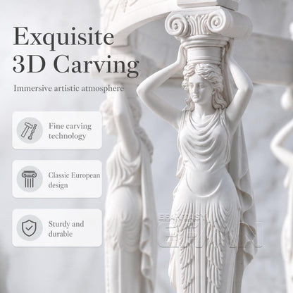 White Marble Caryatid Gazebo with Dark Iron Dome & Lion Medallion Base