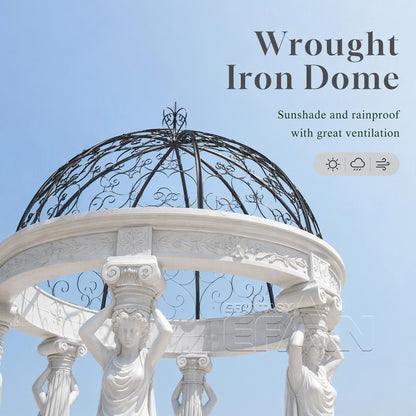 White Marble Caryatid Gazebo with Dark Iron Dome & Lion Medallion Base