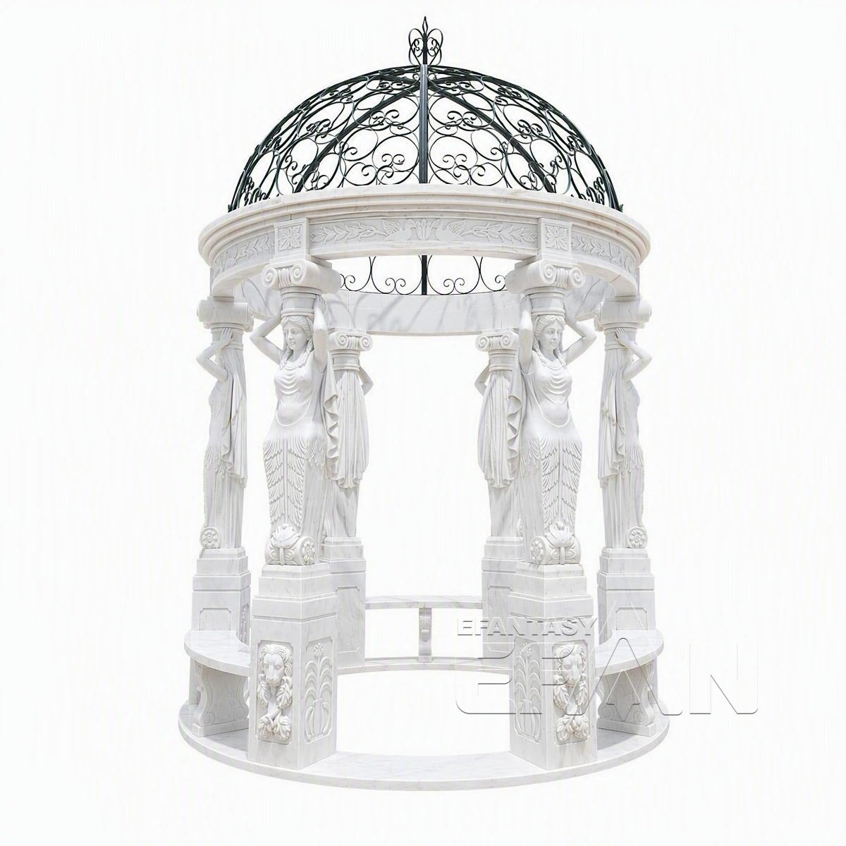 White Marble Caryatid Gazebo with Dark Iron Dome & Lion Medallion Base