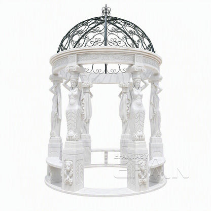 White Marble Caryatid Gazebo with Dark Iron Dome & Lion Medallion Base