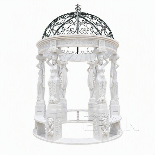 White Marble Caryatid Gazebo with Dark Iron Dome & Lion Medallion Base