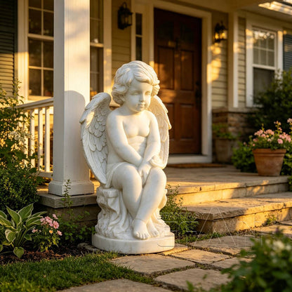 White Marble Cherub Angel Statue for Porches & Garden