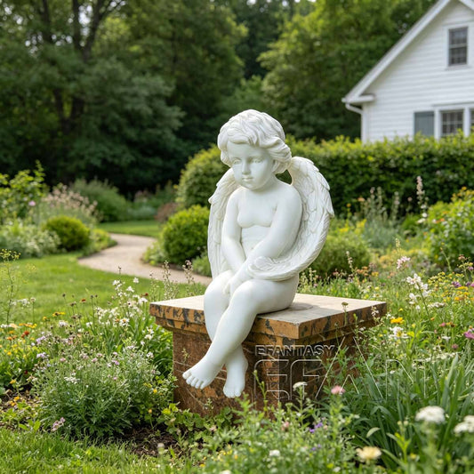 White Marble Cherub Angel Statue for Porches & Garden
