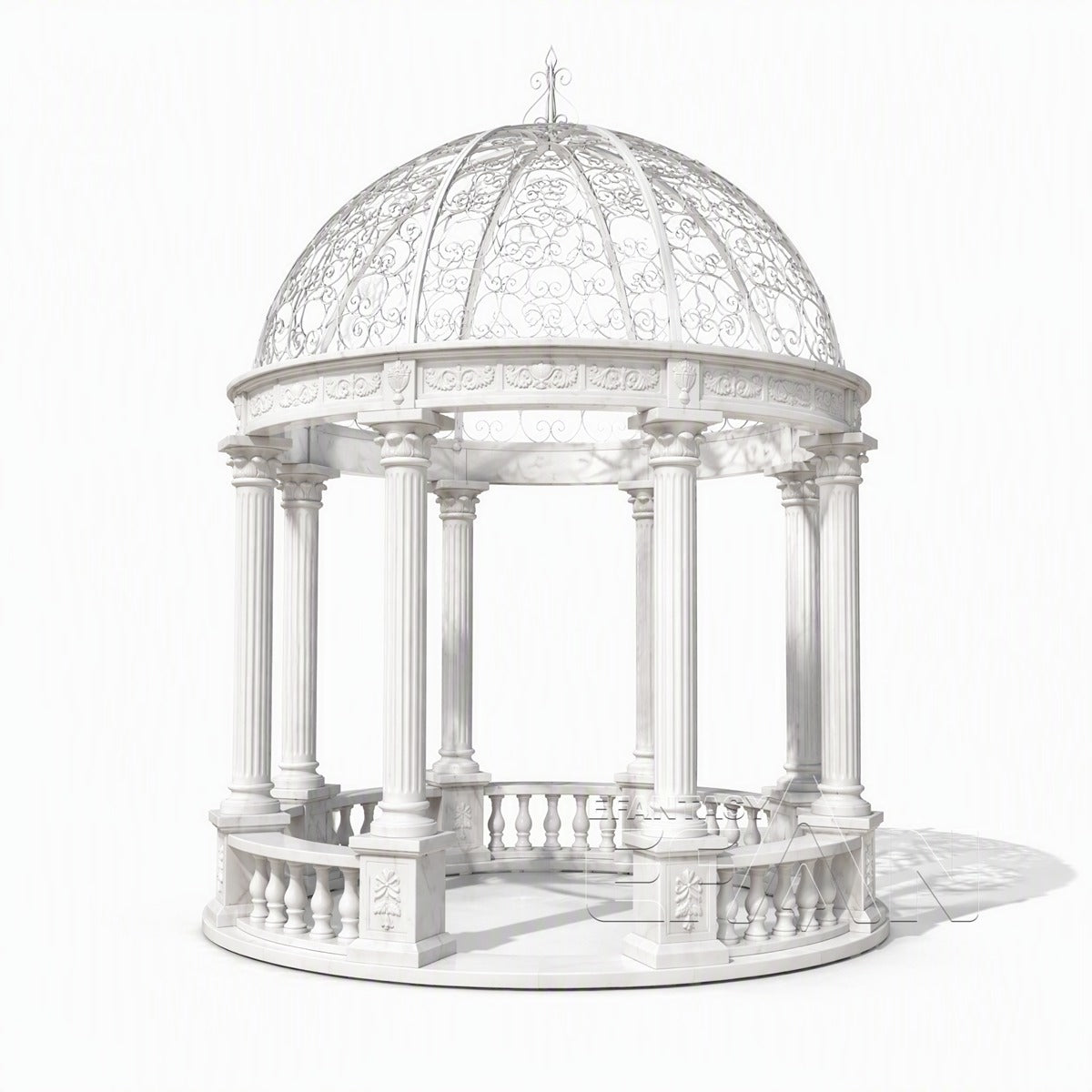 White Marble Garden Gazebo with Roman Columns & Wrought Iron Dome