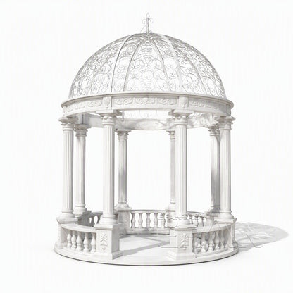 White Marble Garden Gazebo with Roman Columns & Wrought Iron Dome