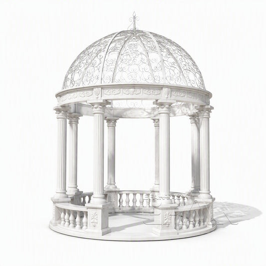 White Marble Garden Gazebo with Roman Columns & Wrought Iron Dome