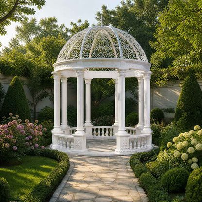 White Marble Garden Gazebo with Roman Columns & Wrought Iron Dome
