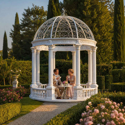 White Marble Garden Gazebo with Roman Columns & Wrought Iron Dome