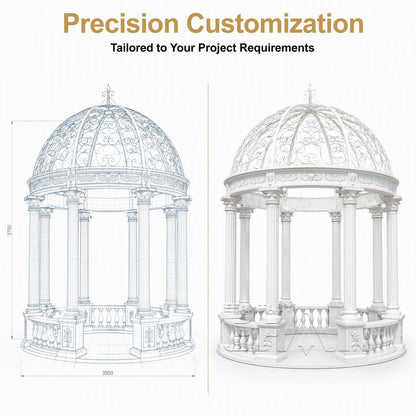 White Marble Garden Gazebo with Roman Columns & Wrought Iron Dome