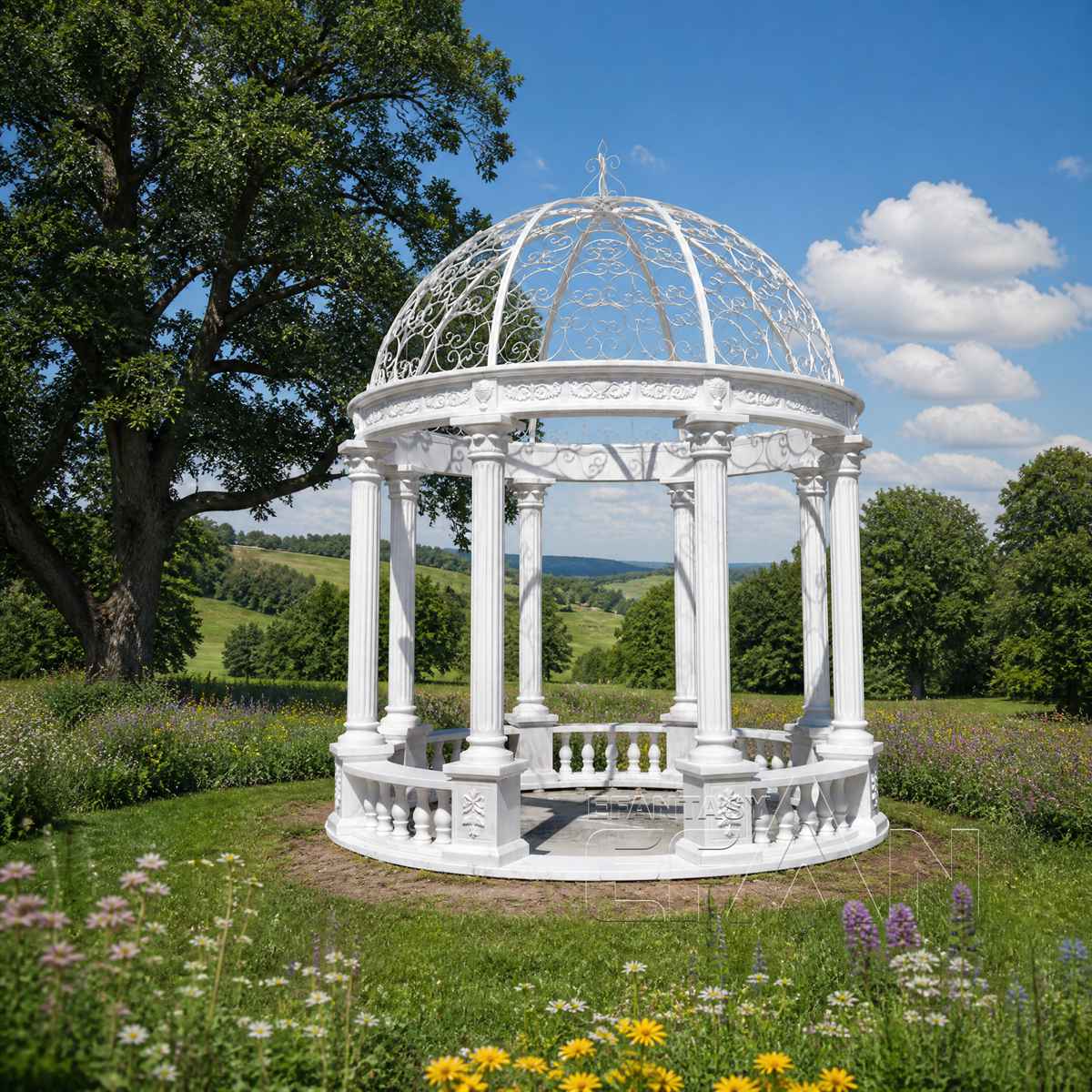 White Marble Garden Gazebo with Roman Columns & Wrought Iron Dome