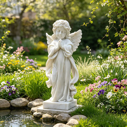 White Marble Praying Angel Statue for Memorial & Garden Settings