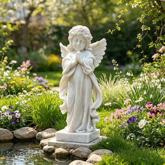 White Marble Praying Angel Statue for Memorial & Garden Settings