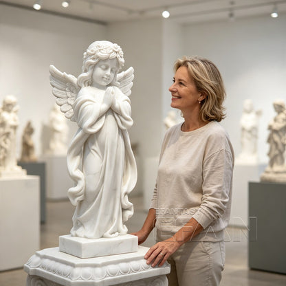 White Marble Praying Angel Statue for Memorial & Garden Settings