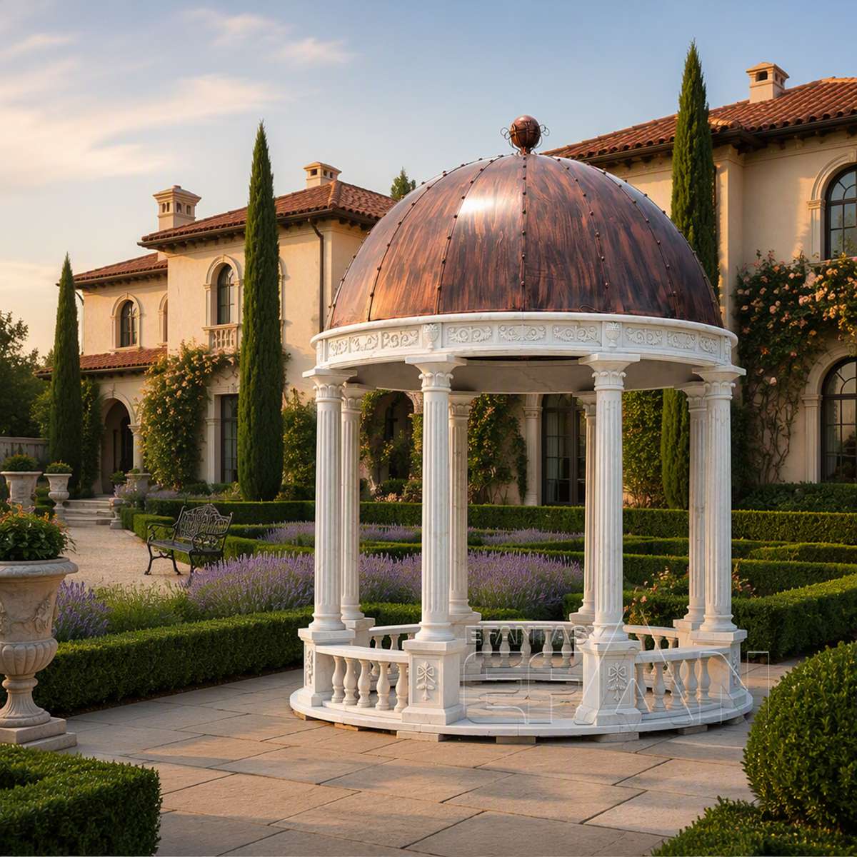 White Marble Wedding Gazebo with Copper Dome for Garden Venues