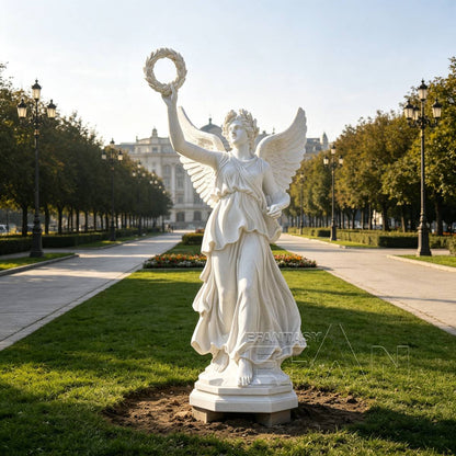 White Marble Winged Angel Statue with Laurel Wreath