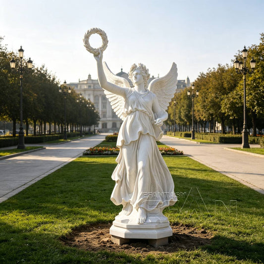 White Marble Winged Angel Statue with Laurel Wreath