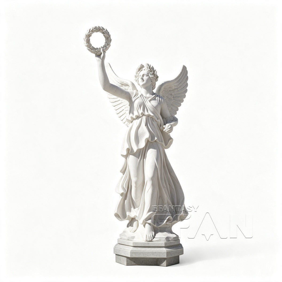 White Marble Winged Angel Statue with Laurel Wreath