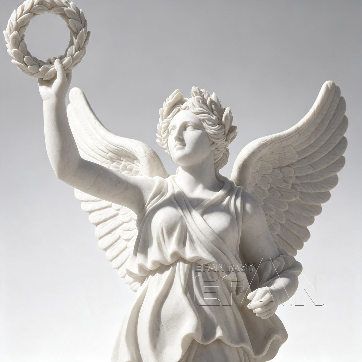 White Marble Winged Angel Statue with Laurel Wreath