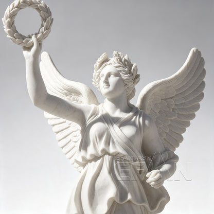 White Marble Winged Angel Statue with Laurel Wreath