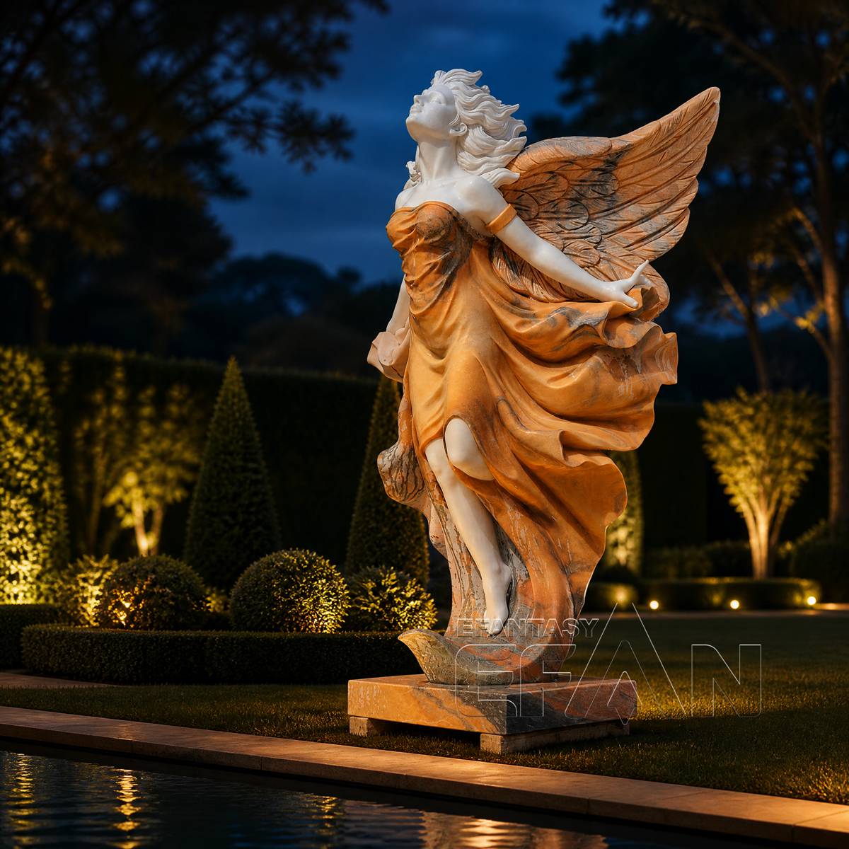 White Marble Winged Goddess Statue — Windswept Figure