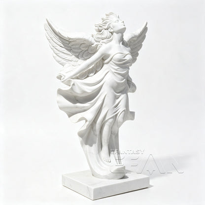 White Marble Winged Goddess Statue — Windswept Figure