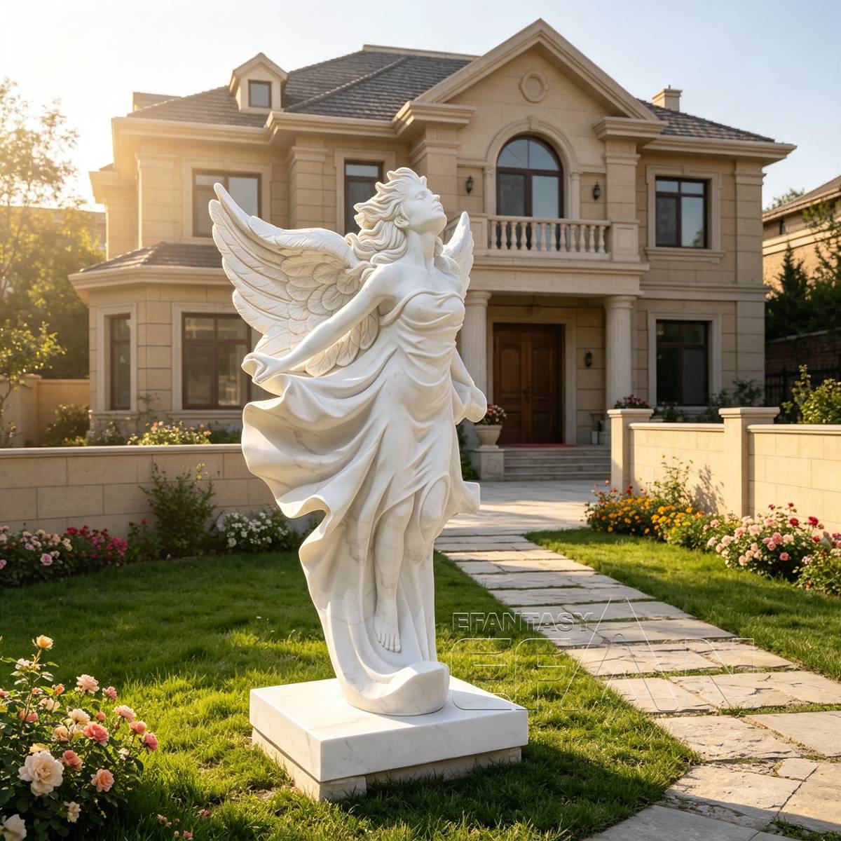 White Marble Winged Goddess Statue — Windswept Figure