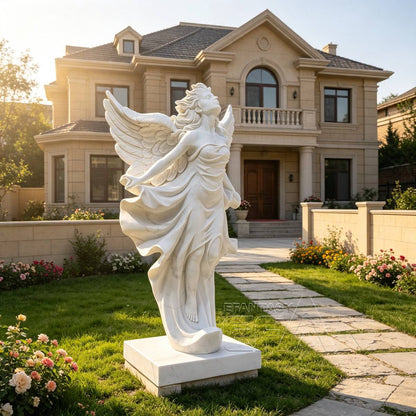 White Marble Winged Goddess Statue — Windswept Figure