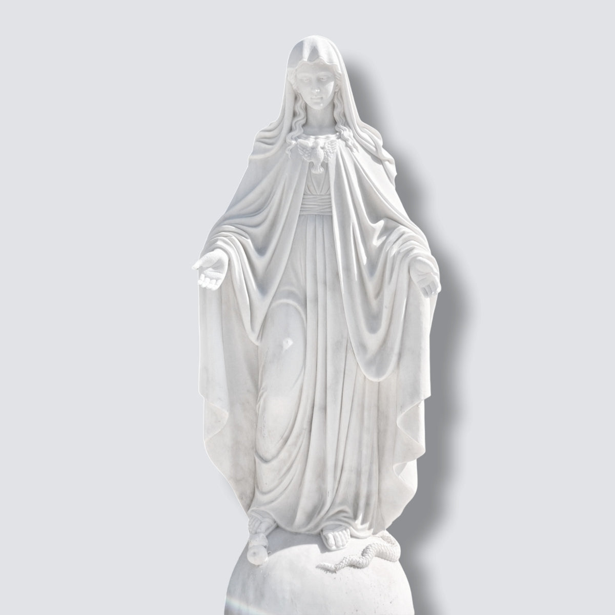 Natural White Marble Open-Arms Virgin Mary Statue for Outdoor Garden, Church, and Religious Landscape Decor