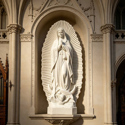 Natural White Marble Our Lady of Guadalupe Statue with Angel Base for Outdoor Garden, Church, and Religious Courtyard Decor
