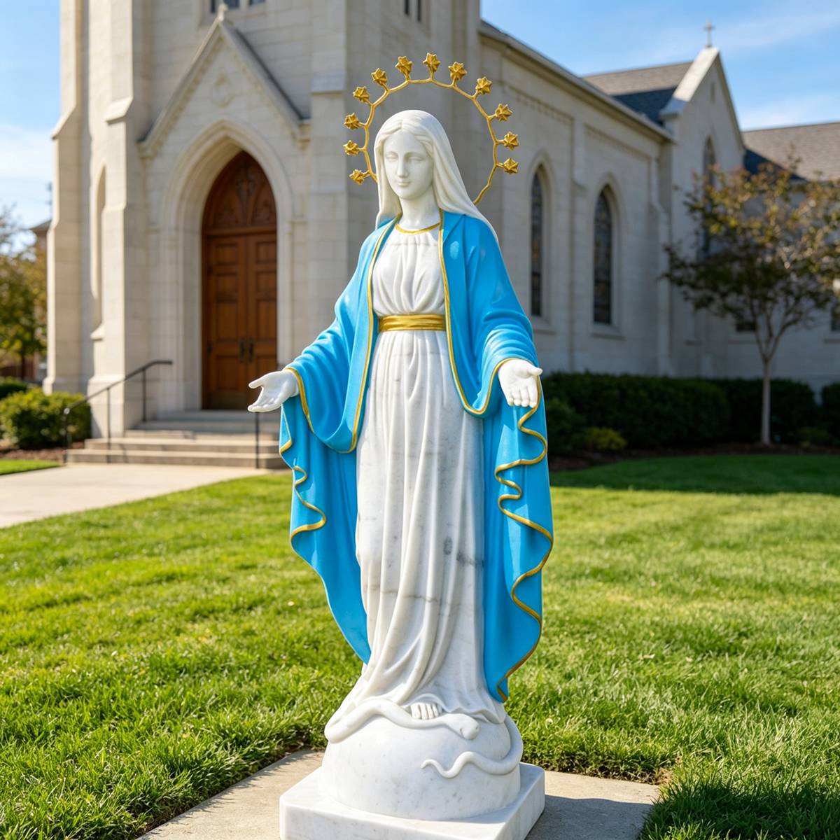 Natural White Marble Virgin Mary Statue for Church Garden, Chapel, and Religious Outdoor Decor