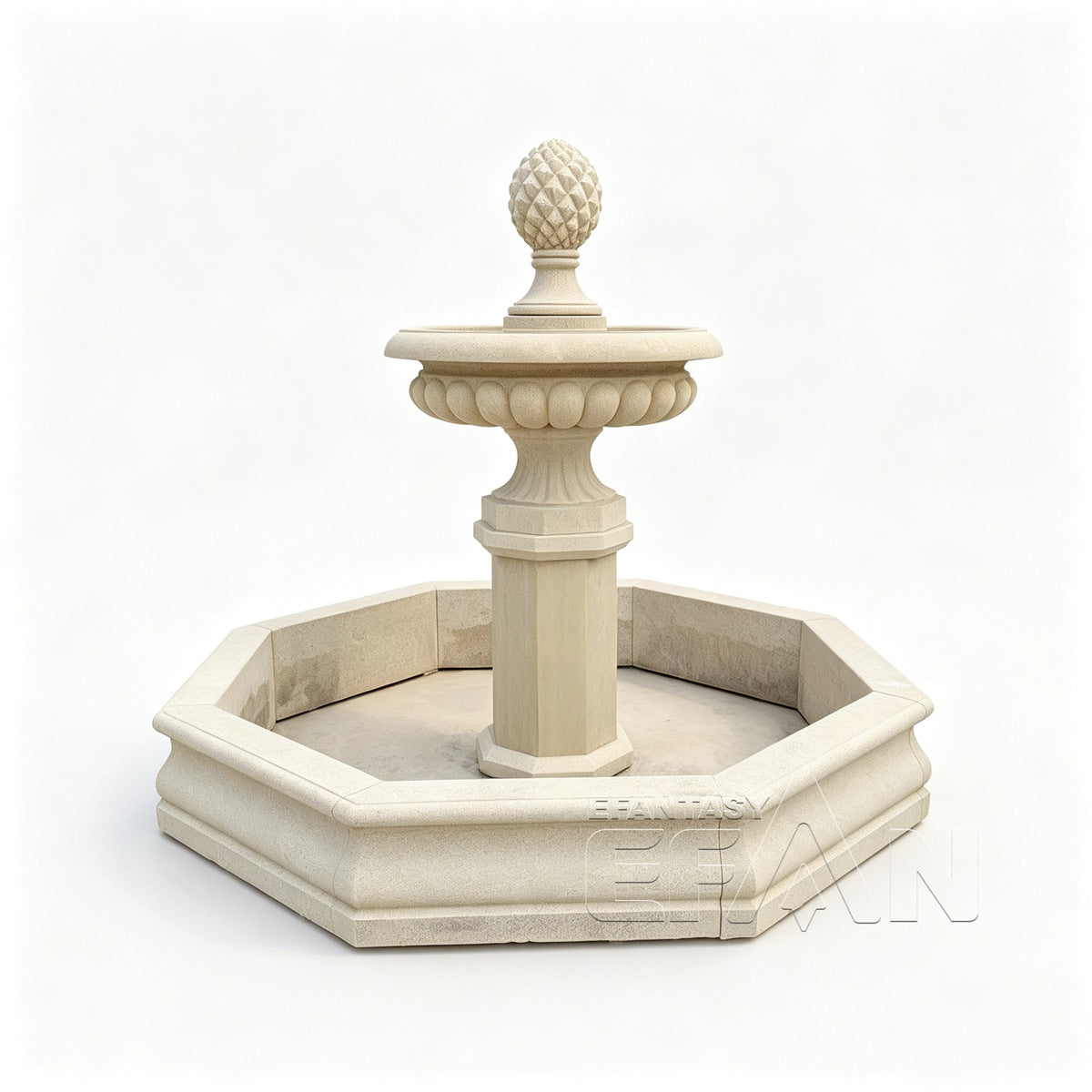 Yellow Sandstone Garden Fountain with Pinecone Finial and Octagonal Pool Surround