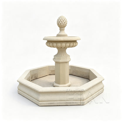 Yellow Sandstone Garden Fountain with Pinecone Finial and Octagonal Pool Surround