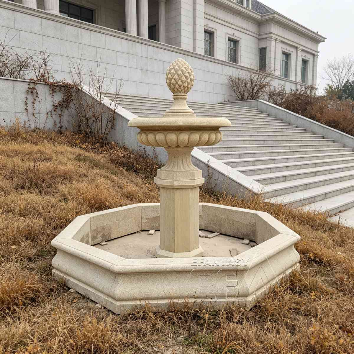 Yellow Sandstone Garden Fountain with Pinecone Finial and Octagonal Pool Surround