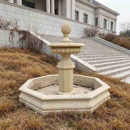 Yellow Sandstone Garden Fountain with Pinecone Finial and Octagonal Pool Surround