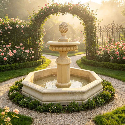 Yellow Sandstone Garden Fountain with Pinecone Finial and Octagonal Pool Surround
