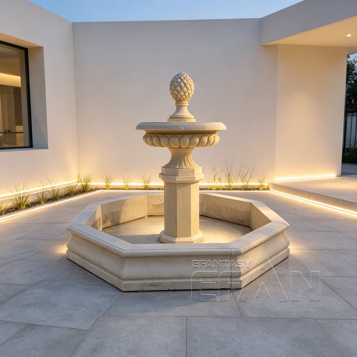 Yellow Sandstone Garden Fountain with Pinecone Finial and Octagonal Pool Surround