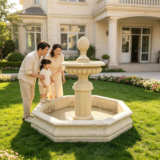 Yellow Sandstone Garden Marble Fountain with Pinecone Finial and Octagonal Pool Surround