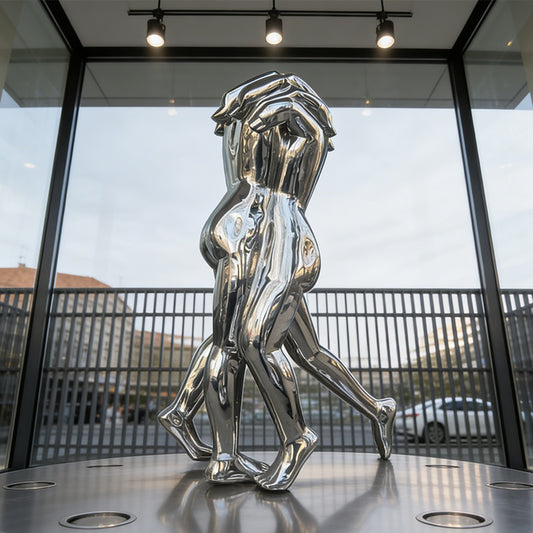 Stainless Steel Abstract Couple Sculpture – Modern Embracing Lovers Home Decor Statue