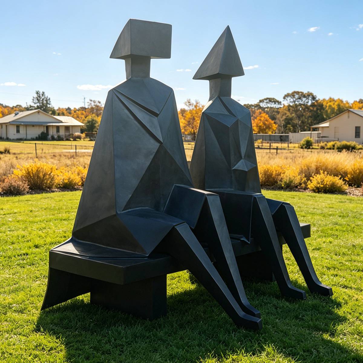 Modern Bronze Geometric Lovers on Chair Abstract Couple Sculpture