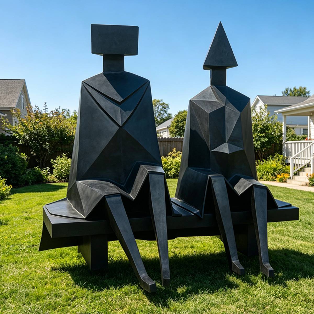 Modern Bronze Geometric Lovers on Chair Abstract Couple Sculpture