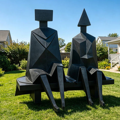 Modern Bronze Geometric Lovers on Chair Abstract Couple Sculpture