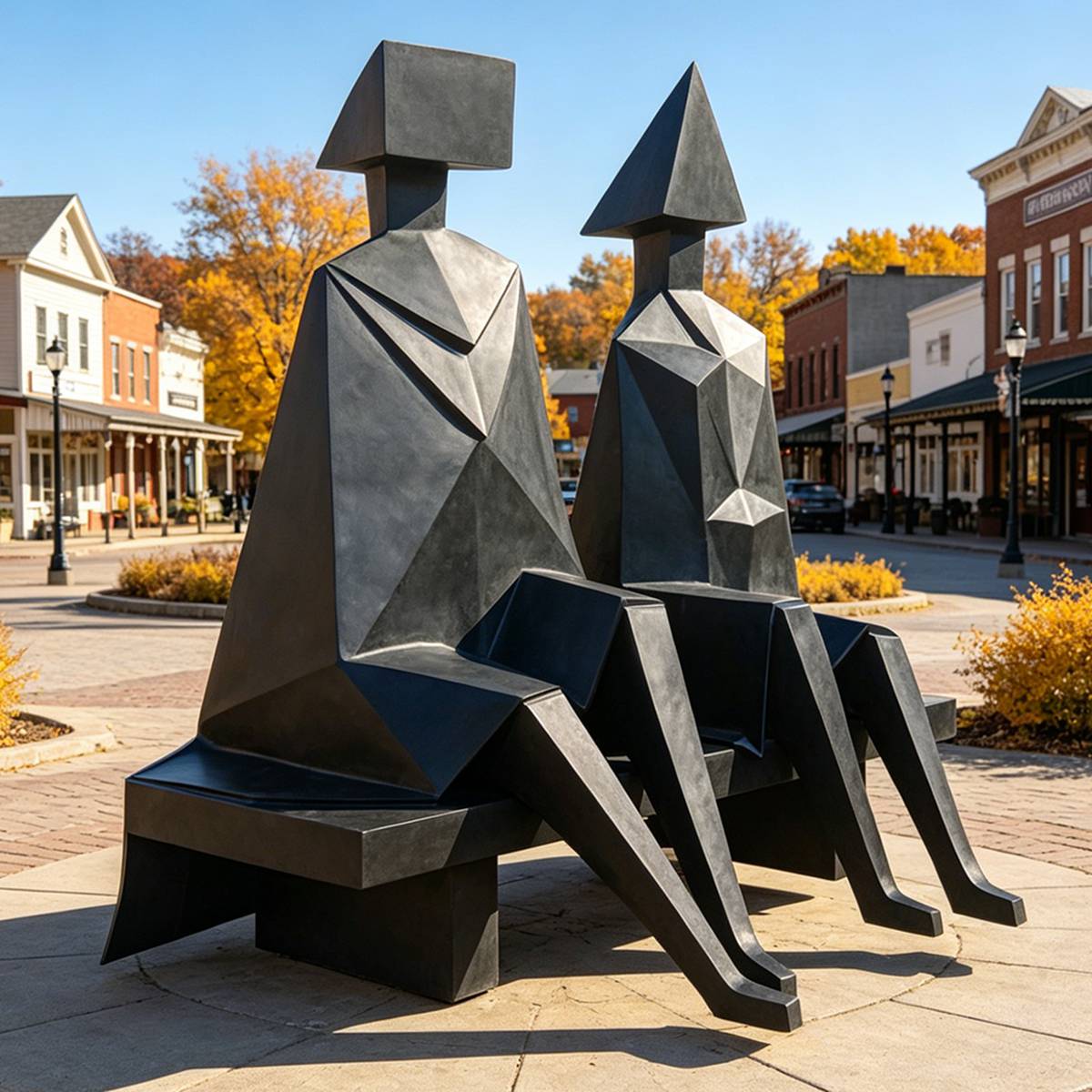 Modern Bronze Geometric Lovers on Chair Abstract Couple Sculpture