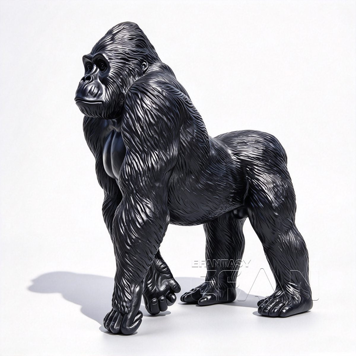 Life-size glossy black bronze gorilla statue in four-limbed pose on white background