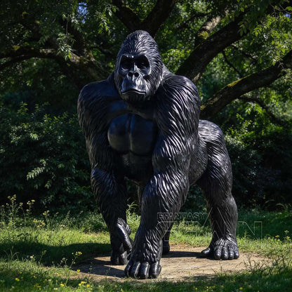 Front view of black bronze gorilla sculpture in a wooded garden