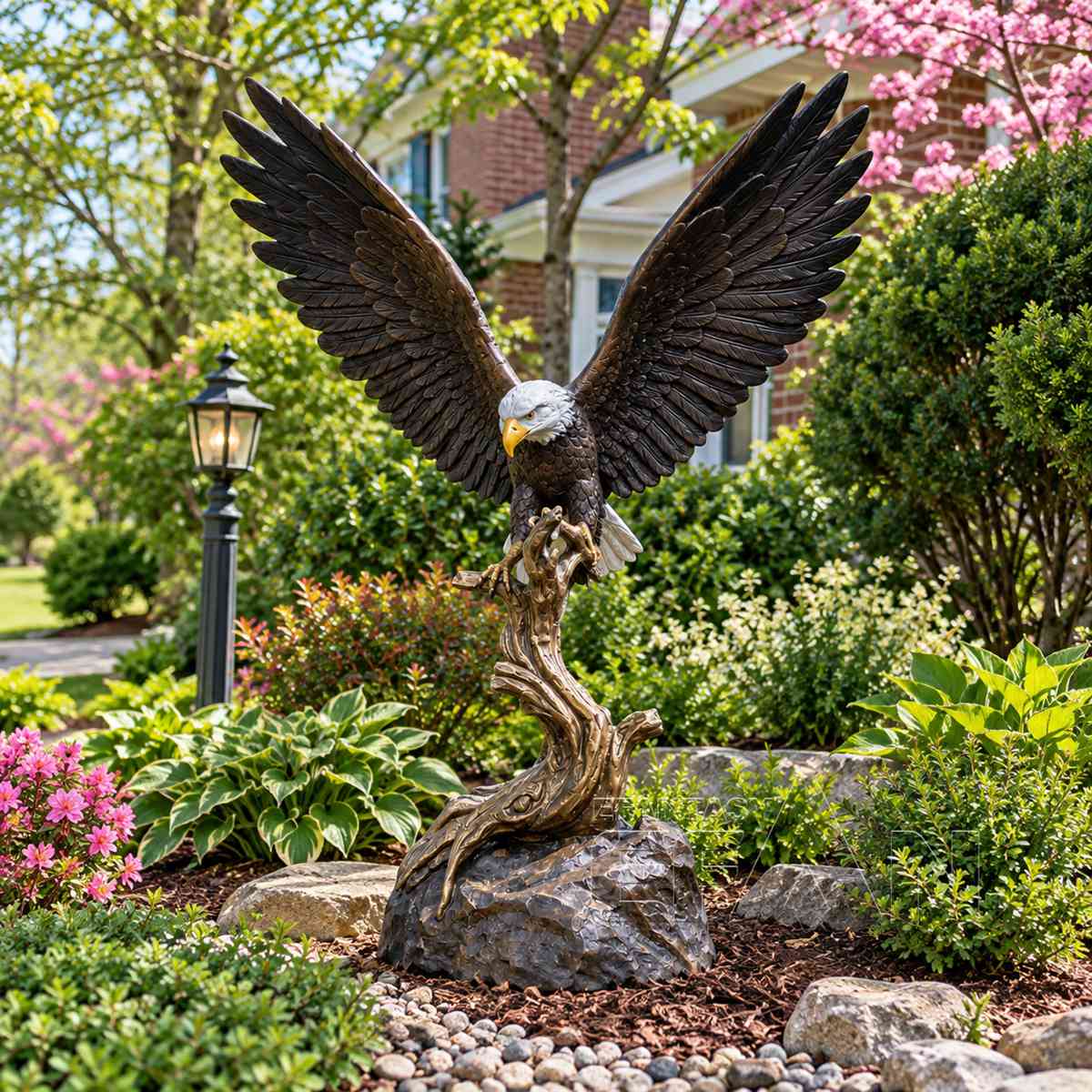Bronze bald eagle sculpture with wings raised in an estate garden